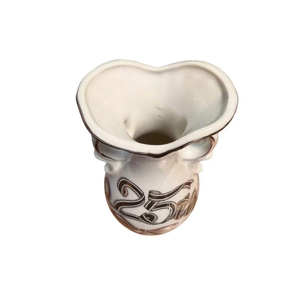 Vintage Enesco 25th Anniversary Porcelain Vase Japan Silver Trim Fluted Urn 6